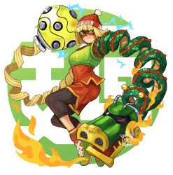 Rule 34 | 1girl, 2020, absurdres, arms (game), blonde hair, commentary, domino mask, dragon (arms), electricity, english commentary, fire, frown, full body, green eyes, highres, knit hat, mask, megawatt (arms), min min (arms), pants under shorts, serious, shoes, short hair, signature, sneakers, snoozincopter, solo