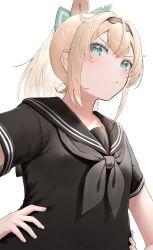Rule 34 | 1girl, absurdres, alternate costume, black neckerchief, black sailor collar, black shirt, blonde hair, blue eyes, bow, brown bow, brown hairband, double-parted bangs, from below, green bow, hair bow, hairband, hands on own hips, hashtag-only commentary, high ponytail, highres, hololive, kazama iroha, landl, long hair, neckerchief, pout, sailor collar, shirt, short sleeves, sidelocks, simple background, solo, v-shaped eyebrows, virtual youtuber, white background