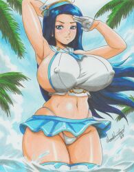 Rule 34 | 1girl, 2023, absurdres, armpits, arms behind head, blue eyes, blue hair, blue skirt, blue sky, breasts, gloves, hand on forehead, hat, highres, huge breasts, invincible dragon (last origin), last origin, long hair, navel, palm tree, panties, ravernclouk design, sailor collar, sailor hat, skirt, sky, socks, thong, traditional media, tree, underwear, water, whale tail (clothing), white gloves, white panties