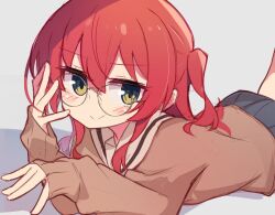 Rule 34 | 1girl, blush, bocchi the rock!, brown shirt, closed mouth, glasses, green eyes, haemori ako, hair between eyes, kita ikuyo, long sleeves, looking at viewer, lying, medium hair, on stomach, one side up, red hair, school uniform, shirt, shuka high school uniform, simple background, skirt, sleeves past wrists, smile, solo, upper body, white background