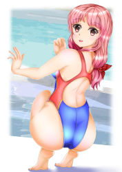 Rule 34 | 1girl, ass, bare shoulders, barefoot, competition swimsuit, feet, long hair, looking at viewer, looking back, mashinatsu, one-piece swimsuit, original, pink eyes, pink hair, reiji-sss, smile, solo, squatting, swimsuit, tiptoes