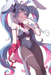 Rule 34 | 1girl, absurdres, animal ears, black leotard, blue eyes, blue hair, blush, breasts, card, commentary, detached collar, doughnut, fake animal ears, food, hair ornament, hatsune miku, highres, leotard, looking at viewer, pantyhose, playboy bunny, rabbit ears, rabbit hole (vocaloid), solo, twintails, vocaloid, yamggu