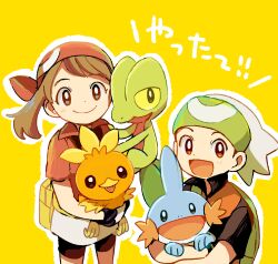 1boy 1girl :d bandana blue_eyes brendan_(pokemon) brown_hair creatures_(company) game_freak gen_3_pokemon green_bag green_hairband hairband highres holding holding_pokemon looking_at_viewer may_(pokemon) mudkip nintendo on_shoulder open_mouth outline pokemon pokemon_(creature) pokemon_emerald pokemon_on_shoulder pokemon_rse popcorn_91 red_bandana red_shirt shirt short_hair smile starter_pokemon_trio torchic treecko white_hair white_outline yellow_background yellow_bag