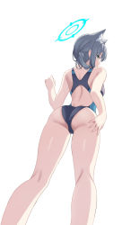 Rule 34 | 1girl, absurdres, animal ears, ass, back, blue archive, blue eyes, breasts, cat ears, competition swimsuit, earrings, grey hair, halo, highres, jewelry, looking at viewer, one-piece swimsuit, shiroko (blue archive), simple background, solo, swimsuit, thighs, twintails, white background, zi se