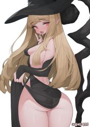 Rule 34 | 1girl, absurdres, ass, black dress, black hat, blonde hair, blush, breasts, bridal gauntlets, curvy, dress, elbow gloves, eyelashes, fang, fingerless gloves, gloves, hat, highres, korean commentary, long hair, medium breasts, open mouth, original, pointy ears, rabbit (wlsdnjs950), red eyes, saliva, simple background, skin fang, sleeveless, sleeveless dress, solo, thighs, tongue, white background, witch hat
