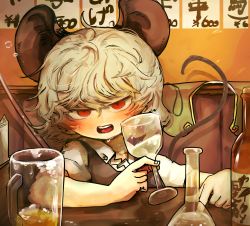 Rule 34 | absurdres, alcohol, angry, animal ears, beer, beer mug, blonde hair, cup, drink, drinking glass, drunk, glass, highres, holding, holding cup, ice, ice cube, looking at viewer, mouse ears, mouse tail, mug, nazrin, open mouth, piaki, plate, red eyes, sake, squeans, tail, touhou, wine glass