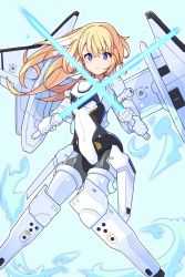 Rule 34 | 1girl, arnval, black bodysuit, blonde hair, blue eyes, bodysuit, boots, breasts, bright pupils, busou shinki, commentary, covered navel, dual wielding, energy sword, feet out of frame, floating hair, fukkatsu saisei kaijin, highres, holding, holding sword, holding weapon, long hair, mecha musume, mechanical wings, armored boots, skin tight, small breasts, solo, sword, thigh boots, two-tone bodysuit, v-shaped eyebrows, weapon, white bodysuit, white pupils, wings