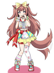 Rule 34 | 1girl, agnes digital (umamusume), animal ears, blue eyes, bow, brown hair, commentary request, drooling, full body, hair bow, highres, horse ears, horse girl, horse tail, ishimori sakana, jewelry, long hair, looking at viewer, midriff, necklace, ribbon, shoes, simple background, single thighhigh, solo, standing, tail, tail wagging, thighhighs, umamusume, white background