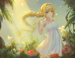 Rule 34 | 1girl, alice zuberg, blonde hair, blue eyes, braid, braided ponytail, breasts, closed mouth, dress, hairband, kiiro kimi, large breasts, long hair, looking at viewer, medium dress, outdoors, plant, ponytail, smile, solo, spaghetti strap, sundress, sword art online, very long hair, white dress, white hairband