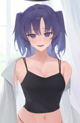 Rule 34 | 1girl, absurdres, black camisole, black panties, blue archive, breasts, camisole, cleavage, crop top, curtains, halo, highres, indoors, looking at viewer, medium breasts, navel, open clothes, open shirt, panties, purple eyes, purple hair, randouworks, shirt, single bare shoulder, solo, stomach, two side up, underwear, white shirt, window, yuuka (blue archive)