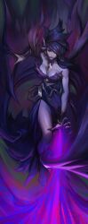 Rule 34 | 1girl, absurdres, bare shoulders, black hair, breasts, cleavage, closed mouth, dress, fingernails, highres, large breasts, league of legends, long hair, magic, morgana (league of legends), multicolored background, purple dress, sharp fingernails, shiny skin, solo, stnpnk, wings