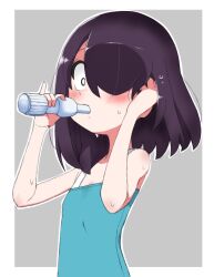 Rule 34 | 1girl, black hair, blue camisole, bob cut, bottle, camisole, commentary, commission, drinking, grey background, hair over one eye, hand in own hair, hand on own ear, highres, holding, holding bottle, jijou wo shiranai tenkousei ga guigui kuru., kayabakoro, looking at viewer, medium hair, nishimura akane, one eye covered, outline, solo, sweat, white outline