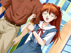 Rule 34 | 1boy, 1girl, arm grab, arm hug, breasts, closed eyes, game cg, height difference, highres, neon genesis evangelion, open mouth, orange hair, school uniform, small breasts, smile, souryuu asuka langley, twintails