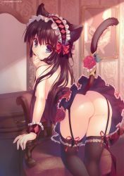 Rule 34 | 1girl, absurdres, all fours, animal ears, ass, black hair, blue eyes, blush, breasts, cat ears, cat tail, garter belt, gothic lolita, highres, lolita fashion, long hair, looking at viewer, looking back, medium breasts, no panties, santa matsuri, solo, tail, thighhighs, topless