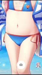 Rule 34 | 1girl, aged down, artist self-reference, bikini, blue bikini, blue sky, brown eyes, cameltoe, cloud, cloudy sky, commentary request, day, fake phone screenshot, fake screenshot, fate/grand order, fate (series), flat chest, food, food in mouth, head out of frame, highres, holding, holding swim ring, horizon, innertube, langbazi, letterboxed, long hair, lower body, mouth hold, navel, ocean, outdoors, pink hair, popsicle, side-tie bikini bottom, skindentation, sky, solo, standing, stomach, swim ring, swimsuit, tamamo (fate), tamamo no mae (fate/extra), tamamo no mae (swimsuit lancer) (fate), water, wet