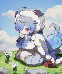 Rule 34 | 1girl, aged down, ahoge, bell, black gloves, blue hair, blue sky, blush, cape, child, cowbell, eating, fur-trimmed cape, fur-trimmed headwear, fur-trimmed hood, fur trim, ganyu (young) (genshin impact), ganyu (genshin impact), ganyu (young) (genshin impact), genshin impact, gloves, goat horns, hair between eyes, highres, hood, horns, mirae, official alternate costume, qingxin flower, seiza, sidelocks, sitting, sky, solo, tail, winter clothes