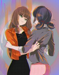 Rule 34 | 2girls, black dress, blazer, blue hair, brown hair, dress, green eyes, hand on own face, highres, jacket, lila rossi, long hair, looking at another, marinette dupain-cheng, miraculous ladybug, multiple girls, open clothes, open jacket, orange jacket, pants, pink pants, seio (nao miragggcc45), short twintails, smile, twintails
