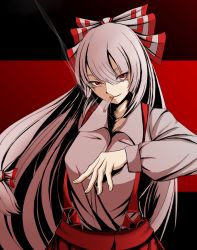 Rule 34 | 1girl, arm up, black background, bow, buttons, cigarette, collared shirt, fujiwara no mokou, gradient background, grey hair, hair bow, highres, hime cut, long sleeves, looking at viewer, multicolored background, pants, red background, red eyes, red pants, shirt, sidelocks, simple background, sleeve garter, smoke, smoking, solo, suspenders, touhou, upper body, weedhollow (dokuran), white hair, white shirt