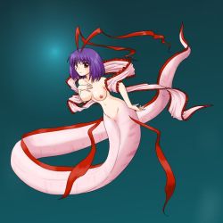 Rule 34 | 1girl, aqua background, breasts, completely nude, female focus, fish, hand on own chest, hand on own hip, large breasts, light smile, long tail, looking at viewer, mermaid, monster girl, nagae iku, nipples, nude, oarfish, purple hair, red eyes, ribbon, shawl, short hair, solo, supon, tail, touhou