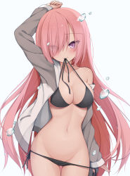 Rule 34 | 1girl, adjusting clothes, alternate hair length, alternate hairstyle, arm up, arms up, bare shoulders, bikini, black bikini, breasts, cleavage, collarbone, commentary request, eyes visible through hair, fate/grand order, fate (series), grey jacket, highres, in mouth, jacket, kamu (geeenius), large breasts, long hair, long sleeves, looking at viewer, mash kyrielight, mouth hold, navel, pink eyes, pink hair, solo, swimsuit, white jacket