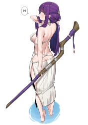Rule 34 | 1girl, bare arms, bare back, bare shoulders, barefoot, butt crack, capelet, chen yang yang, dress, feet, fern (sousou no frieren), full body, highres, holding, holding staff, long hair, looking at viewer, looking back, mage staff, no bra, no panties, purple eyes, purple hair, sousou no frieren, staff, water, white capelet, white dress