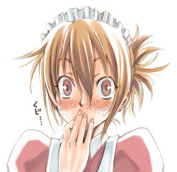 Rule 34 | 1girl, blush, brown eyes, brown hair, futaba channel, hand over mouth, kudoi, looking at viewer, maid, maid headdress, nail polish, nijiura maids, short hair, simple background, solo, surprised, white background
