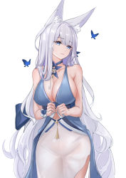 1girl absurdres amco animal_ear_fluff animal_ears azur_lane blue_choker blue_dress blue_eyes blunt_bangs breasts bug butterfly choker cleavage closed_mouth dress fox_ears highres insect large_breasts long_hair looking_to_the_side no_panties shinano_(azur_lane) shinano_(dreams_of_the_hazy_moon)_(azur_lane) silver_hair simple_background sleeveless sleeveless_dress solo very_long_hair white_background