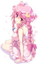 Rule 34 | 1girl, bare shoulders, barefoot, blush, bow, braid, crescent, from side, full body, hair bow, hat, jpeg artifacts, long hair, looking at viewer, maturiuta sorato, nightgown, patchouli knowledge, pink theme, purple eyes, purple hair, sidelocks, simple background, single braid, sitting, smile, solo, touhou, white background, yokozuwari