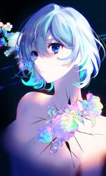 Rule 34 | 1girl, 58 (opal 00 58), absurdres, black background, blue eyes, blue hair, blurry, breasts, closed mouth, commentary, cracked skin, english commentary, flower, hair between eyes, highres, looking away, medium breasts, multicolored flower, original, short hair, solo, topless, upper body