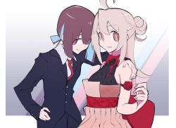 Rule 34 | 2girls, ahoge, alternate costume, arm around shoulder, arm strap, bare arms, bare shoulders, black suit, blue hair, blunt bangs, bow, bowtie, brown eyes, brown hair, commentary, double-parted bangs, eyes visible through hair, flower, formal, hair between eyes, hair bun, hand on another&#039;s shoulder, hand on own hip, highres, hozuki momiji, long hair, looking at viewer, multicolored hair, multiple girls, necktie, onii-chan wa oshimai!, oyama mahiro, parted lips, pink hair, red bow, red bowtie, red necktie, shirt, short hair, single hair bun, smile, suit, swiz667, two-tone hair, white shirt, wing collar, yuri