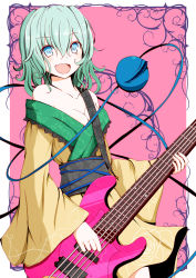 Rule 34 | 1girl, :d, adapted costume, aqua hair, bare shoulders, bass guitar, blue eyes, breasts, cleavage, collarbone, floral print, frills, fuoco, guitar, hair between eyes, highres, holding, holding instrument, instrument, japanese clothes, kimono, komeiji koishi, long sleeves, looking at viewer, medium hair, music, obi, off shoulder, open mouth, playing instrument, rose print, sash, smile, solo, third eye, touhou, wide sleeves, yellow kimono