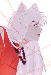Rule 34 | 1boy, animal ears, bead necklace, beads, bracelet, close-up, dog ears, fangs, from side, highres, inuyasha, inuyasha (character), japanese clothes, jewelry, long hair, male focus, necklace, open mouth, profile, solo, string, string of fate, teeth, upper body, white background, yellow eyes, yuigacyako