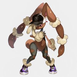 Rule 34 | 1girl, animal ears, baseball cap, black hat, black sclera, closed mouth, clothed pokemon, colored sclera, creatures (company), female focus, full body, furry, furry female, game freak, gen 4 pokemon, grey background, hand up, happy, hat, looking at viewer, lopunny, mega lopunny, mega pokemon, newo (shinra-p), nintendo, pink eyes, pokemon, pokemon (creature), purple footwear, rabbit ears, rabbit girl, rabbit tail, shoes, simple background, smile, solo, standing, tail