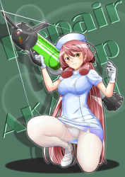 Rule 34 | 1girl, akashi (kancolle), character name, full body, glint, gloves, green background, green eyes, hair ribbon, hat, holding, holding weapon, kantai collection, lens flare, long hair, looking at viewer, moke ro, nurse, nurse cap, on one knee, oversized object, panties, panties under pantyhose, pantyhose, pantyshot, pink hair, ribbon, simple background, solo, squatting, syringe, tress ribbon, underwear, weapon, white gloves, white panties, white pantyhose