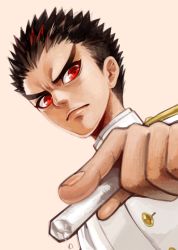 Rule 34 | 1boy, black hair, brown background, buttons, chalk, closed mouth, danganronpa: trigger happy havoc, danganronpa (series), holding, holding chalk, ishimaru kiyotaka, jacket, nakano (p-geist), red eyes, short hair, simple background, solo, spiked hair, white jacket