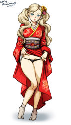 Rule 34 | 1girl, blonde hair, blue eyes, japanese clothes, kimono, panties, persona, persona 5, solo, tagme, takamaki anne, twintails, underwear
