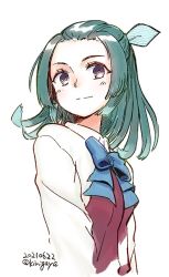 Rule 34 | 1girl, aqua bow, bad id, bad twitter id, bow, brown eyes, cropped torso, dated, forehead, green hair, hair bow, halterneck, kantai collection, kirigaya yuuji, long sleeves, looking at viewer, medium hair, school uniform, shirt, simple background, smile, solo, suzunami (kancolle), twintails, white background, white shirt