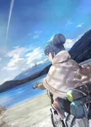 Rule 34 | 1girl, bag, bicycle, black gloves, blue hair, cloud, commentary request, contrail, day, duffel bag, fingerless gloves, from behind, gloves, hair bun, looking to the side, mikazuki akira!, mount fuji, mountain, nature, outdoors, profile, riding bike, shawl, shima rin, short hair, single hair bun, skirt, sky, solo, water, winter clothes, yurucamp