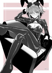 Rule 34 | 1girl, ahoge, animal ears, artist name, black gloves, black jacket, black leotard, black pantyhose, blush, boots, border, breasts, chair, cleavage, collarbone, crossed legs, fake animal ears, fate/grand order, fate (series), fishnet thighhighs, fishnets, gloves, greyscale, greyscale with colored background, hair ornament, half gloves, highres, jacket, jeanne d&#039;arc (fate), jeanne d&#039;arc alter (avenger) (fate), jeanne d&#039;arc alter (fate), jjune, large breasts, leotard, looking at viewer, monochrome, pantyhose, pink background, playboy bunny, pursed lips, rabbit ears, short hair, shrug (clothing), silver hair, sitting, solo, strapless, strapless leotard, sweatdrop, thigh boots, thighhighs, white border, yellow eyes