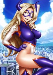 Rule 34 | 1girl, arm up, blonde hair, boku no hero academia, breasts, city, from behind, hand on own hip, heattech leotard, highleg, highleg leotard, highres, horns, large breasts, leg up, leotard, long hair, mask, mount lady, open mouth, purple eyes, ribs, smile, teeth, tenzen (netspike), thighhighs, tongue, turtleneck, very long hair