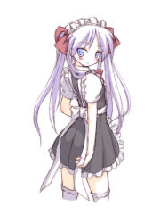 Rule 34 | 00s, 1girl, alternate costume, blue eyes, blush, bow, cropped legs, enmaided, female focus, frilled thighhighs, frills, from behind, hair bow, hiiragi kagami, long hair, looking at viewer, looking back, lucky star, maid, maid headdress, mel (artist), mel (melty pot), purple hair, short sleeves, simple background, sketch, smile, solo, thighhighs, tsurime, twintails, white background, white thighhighs, zettai ryouiki