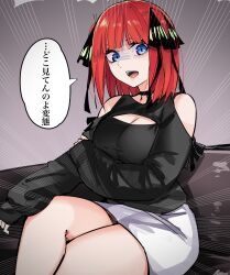 Rule 34 | 1girl, alternate costume, arm under breasts, bare shoulders, black choker, black ribbon, black shirt, blue eyes, breasts, butterfly hair ornament, casual, choker, cleavage, cleavage cutout, clothing cutout, commentary, cowboy shot, crossed legs, emphasis lines, eyebrows hidden by hair, go-toubun no hanayome, hair ornament, hair ribbon, highres, large breasts, looking at viewer, mame1645, medium hair, miniskirt, nakano nino, open mouth, pencil skirt, red hair, ribbon, shaded face, shirt, sitting, skirt, sleeves past wrists, solo, speech bubble, straight hair, teeth, thighs, translated, two side up, upper teeth only, white skirt