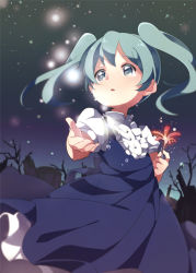 Rule 34 | 1girl, dress, flower, green eyes, green hair, hatsune miku, matching hair/eyes, night, sky, solo, star (sky), starry sky, twintails, umiko (munemiu), vocaloid, voice (vocaloid), aged down