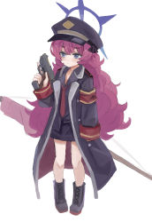 Rule 34 | 1girl, absurdres, black footwear, black jacket, black shirt, blue archive, blue eyes, boots, closed mouth, cross-laced footwear, crossed bangs, curly hair, dot nose, expressionless, facing to the side, gun, halo, handgun, hat, highres, holding, holding gun, holding weapon, inuinununununu, iroha (blue archive), jacket, lace-up boots, long hair, long sleeves, military, military hat, military jacket, military uniform, necktie, purple hair, red necktie, shirt, simple background, solo, standing, tachi-e, uniform, weapon, white background