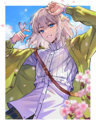 Rule 34 | 1boy, blue eyes, blue sky, bug, butterfly, buttons, cardigan, cherry blossoms, collared shirt, diamond hair ornament, falling petals, fate/grand order, fate (series), flower, frilled shirt collar, frills, green cardigan, highres, insect, insect on finger, long sleeves, medium hair, oberon (fate), official alternate costume, official alternate hairstyle, pants, petals, plaid, plaid pants, shirt, sky, smile, solo, weii2021, white hair, white shirt