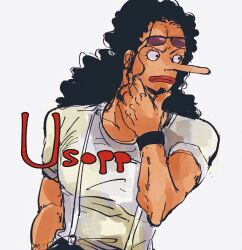 1boy black_hair bracelet character_name commentary curly_hair eyewear_on_head facial_hair goatee hebi_d_hebi highres jewelry long_hair long_nose looking_to_the_side male_focus one_piece shirt simple_background solo suspenders t-shirt upper_body usopp white_background white_shirt