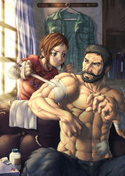 Rule 34 | 1boy, 1girl, abs, bandages, beard, couch, ellie (the last of us), facial hair, joel (the last of us), kuroshio (zung-man), muscular, naughty dog, scar, smile, sunlight, the last of us, the last of us (series), topless male, window