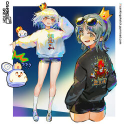 Rule 34 | 2girls, :d, ?, black jacket, black shorts, canking, commentary request, cropped legs, crown, grey eyes, grey hair, jacket, long sleeves, mini crown, multiple girls, open mouth, original, puffy long sleeves, puffy sleeves, red eyes, shirt, short shorts, shorts, sleeves past wrists, smile, tilted headwear, watermark, web address, white shirt