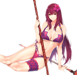 Rule 34 | 1girl, arm support, beach, bikini, bodysuit, breasts, collarbone, cover, fate/grand order, fate (series), flower, gae bolg (fate), hair between eyes, hair flower, hair intakes, hair ornament, hibiscus, highres, holding, holding weapon, large breasts, lips, long hair, looking at viewer, lying, navel, on side, parted lips, pink bikini, polearm, purple bodysuit, purple hair, red eyes, scathach (fate), scathach (fate), scathach (swimsuit assassin) (fate), simple background, solo, spear, swimsuit, weapon, white background, zucchini