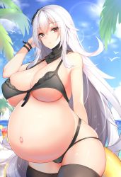 Rule 34 | 1girl, absurdres, azur lane, bare shoulders, beach, bikini, bird, black bikini, blue sky, bracelet, breasts, chixiao, cleavage, closed mouth, cloud, commentary request, crossed bangs, curvy, day, detached collar, drink, glass, graf zeppelin (azur lane), hair between eyes, highres, huge breasts, innertube, jewelry, lens flare, long hair, looking at viewer, ocean, outdoors, palm tree, pout, pregnant, red eyes, silver hair, sky, solo, stomach, swim ring, swimsuit, table, thighhighs, tree, underboob, very long hair, water, water drop, waves, wet